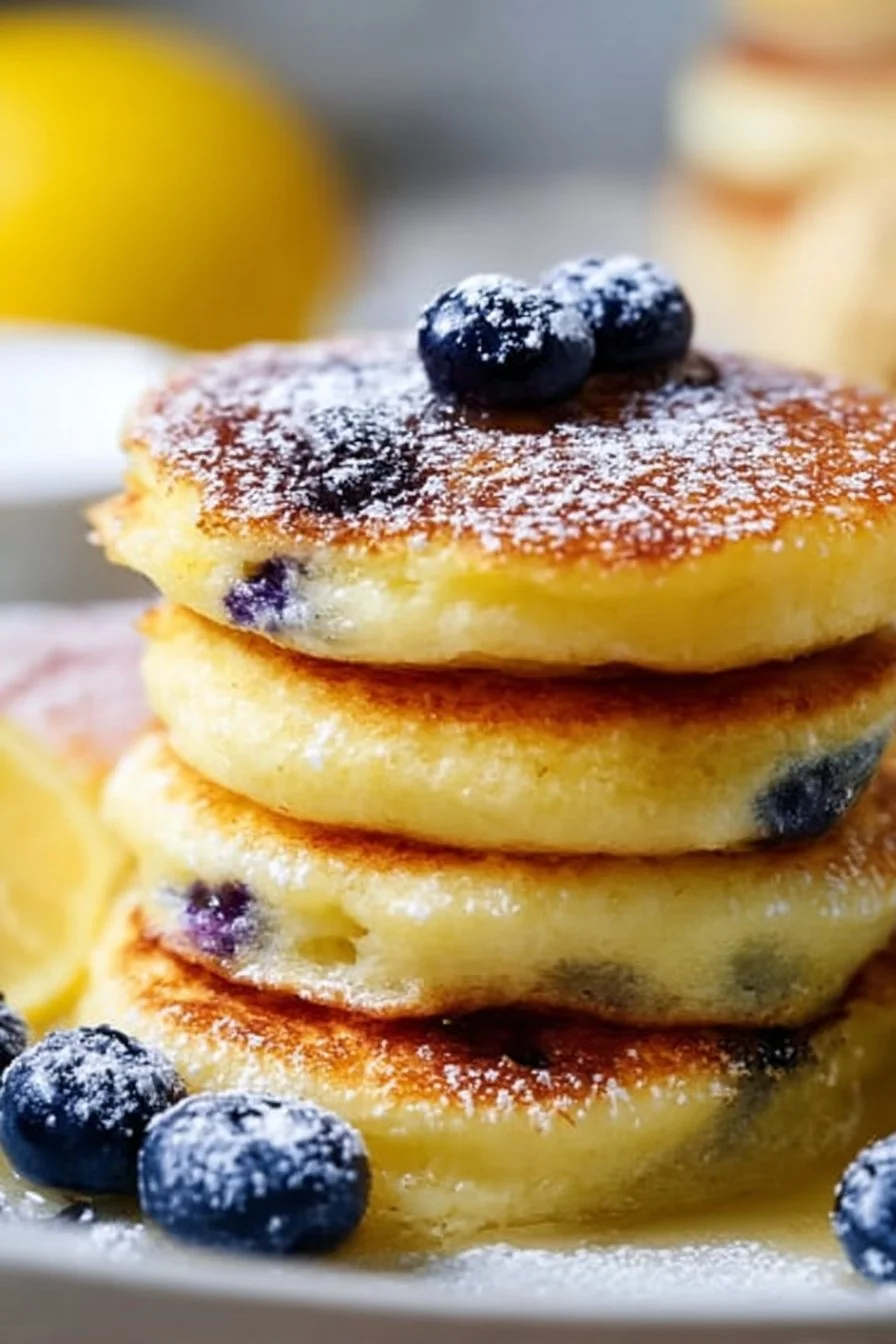 Blueberry lemon pancake bites served on a plate with fresh blueberries and lemon slices