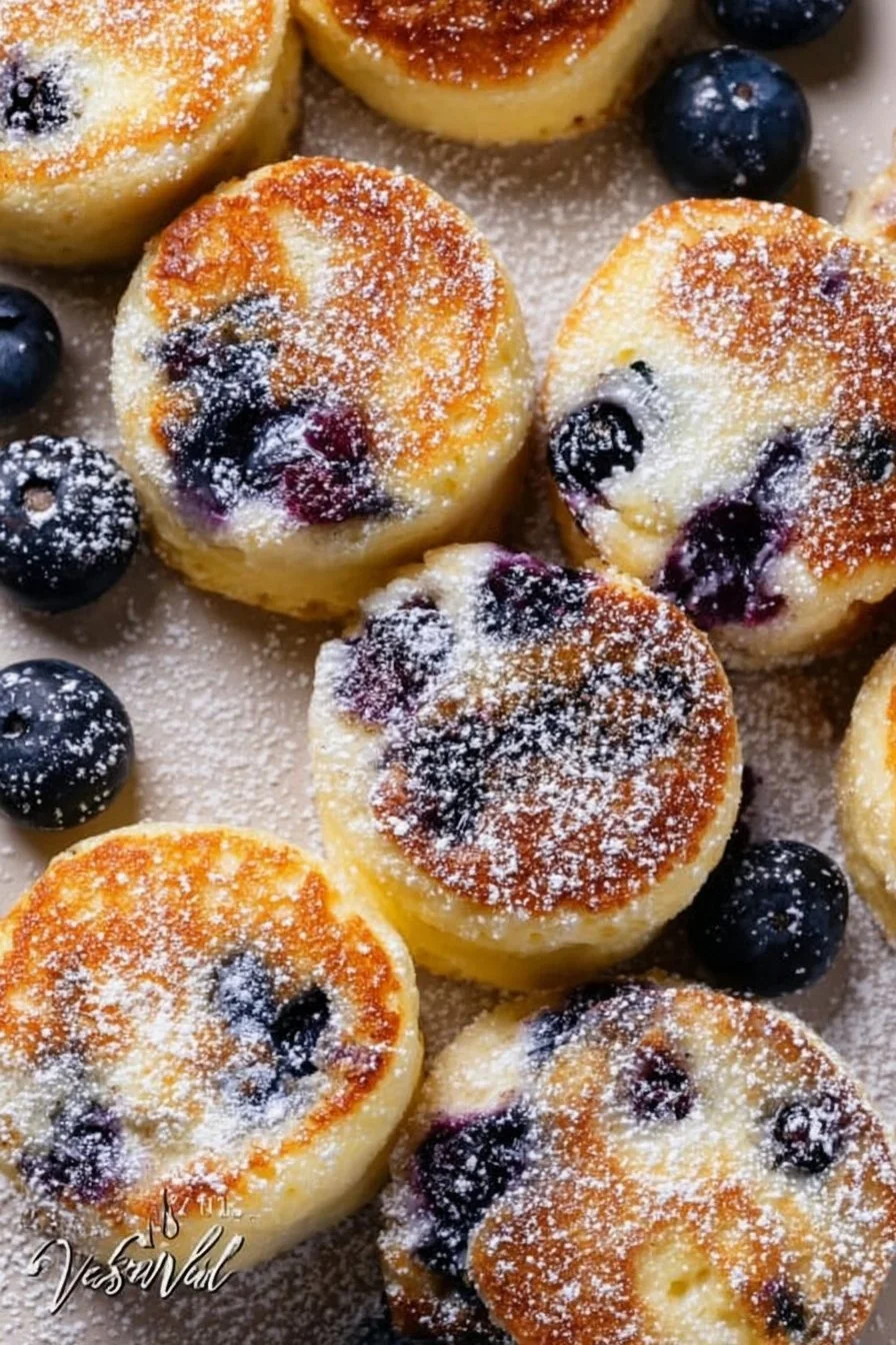 Delicious blueberry lemon pancake bites served on a plate.