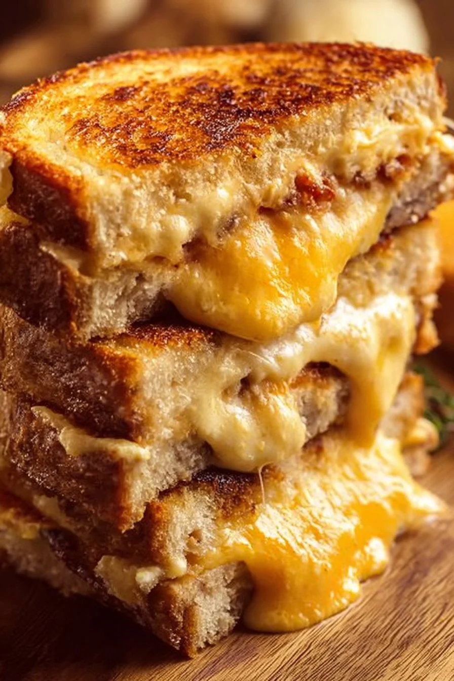 Delicious breakfast grilled cheese sandwich with melted cheese and crispy bread