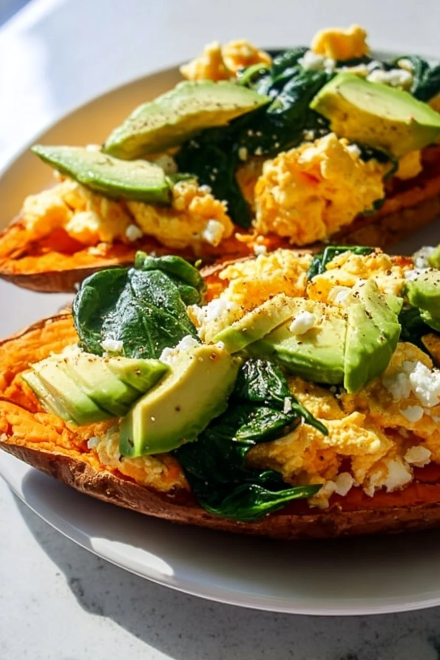 Deliciously prepared breakfast sweet potato with toppings.