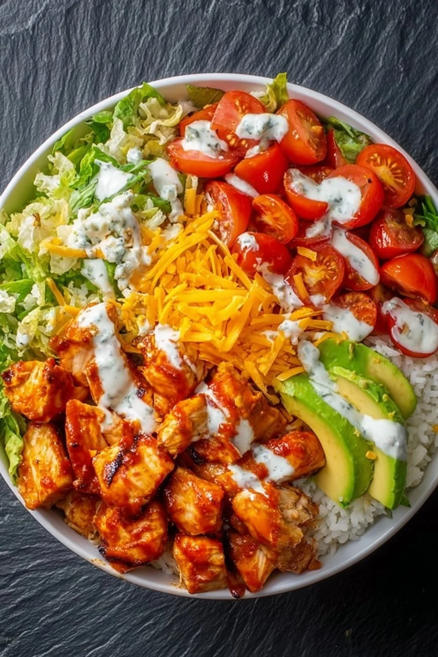 Buffalo Chicken Bowls 4 Delicious Buffalo Chicken Bowl with spicy sauce, served with fresh veggies.