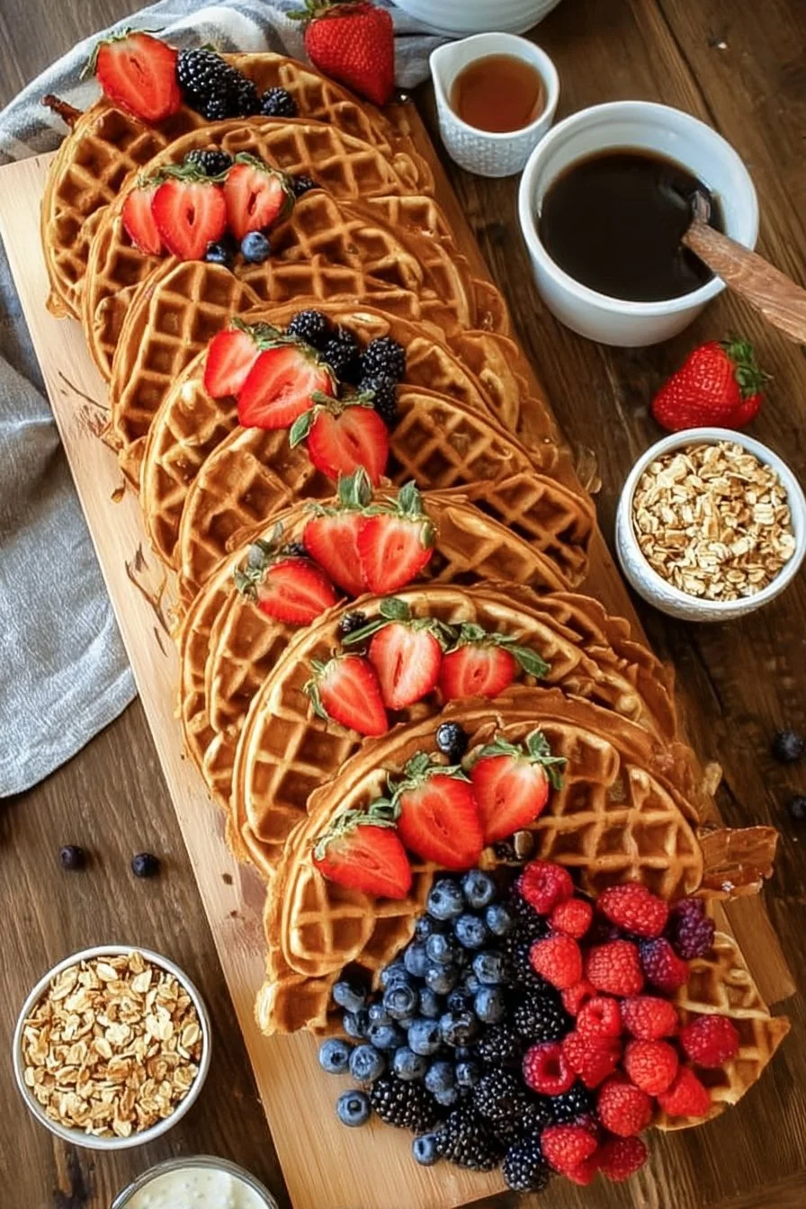 Delicious waffle bar setup with customizable toppings and waffle options