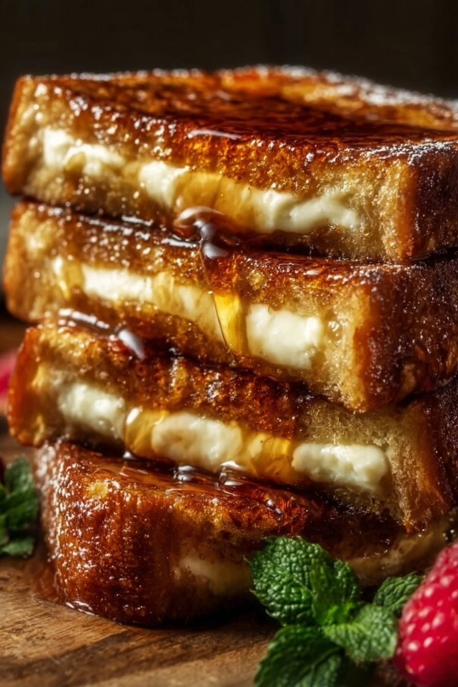 Delicious burnt cream French toast topped with caramelized sugar and fresh berries