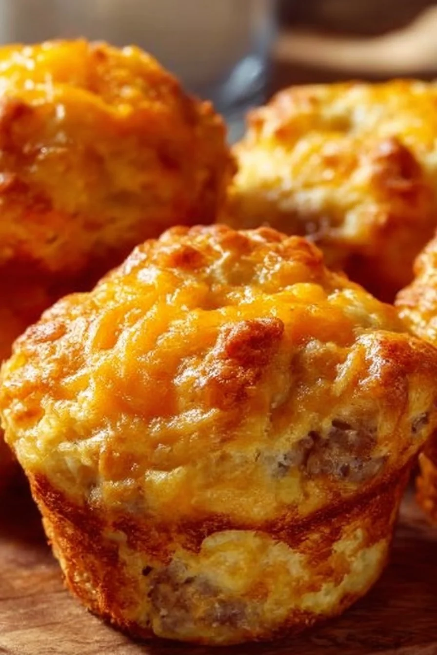 Cheddar Breakfast Sausage Muffins 4 Cheddar sausage muffins served on a plate, ideal for breakfast.