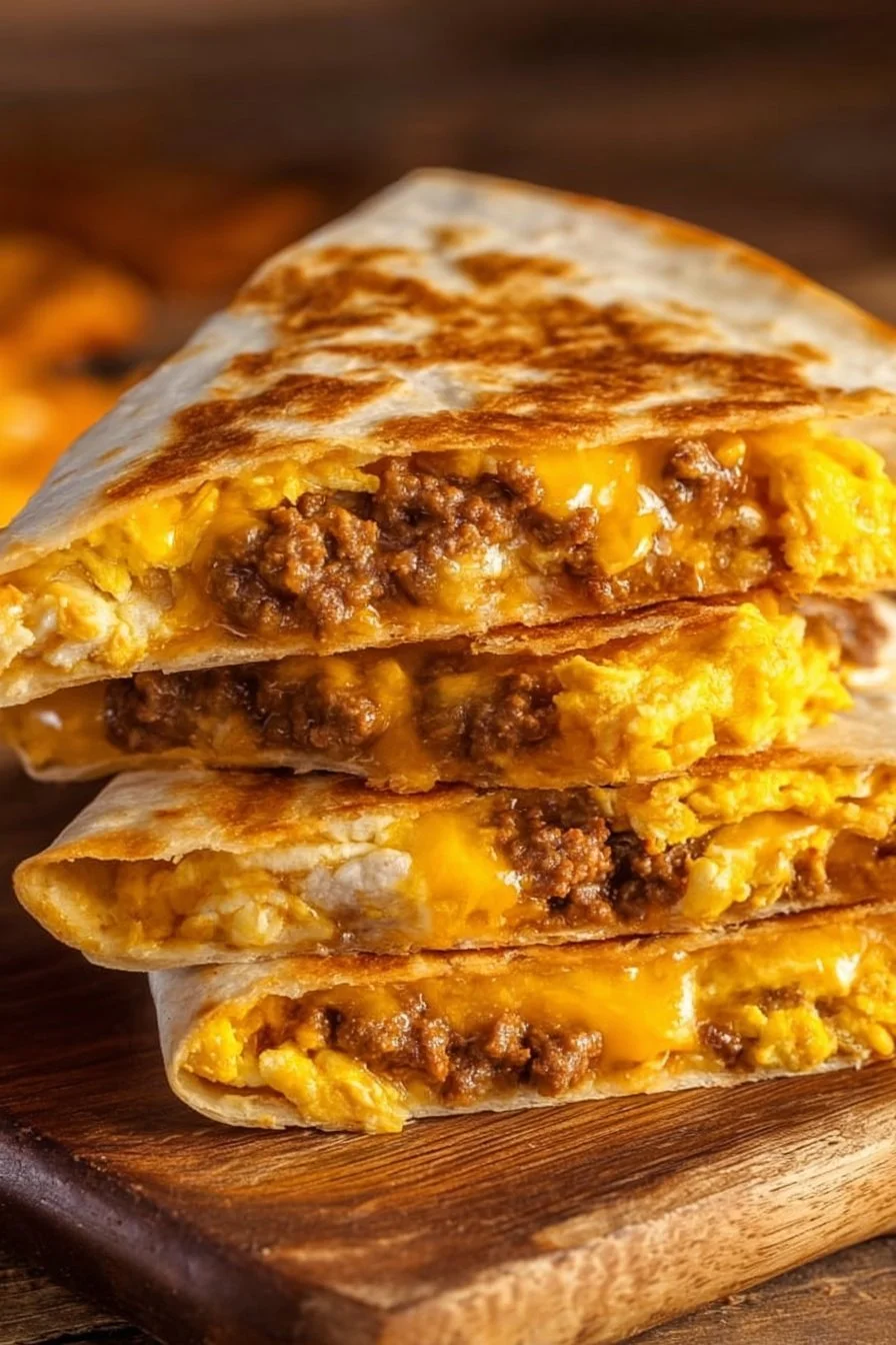 Cheesy Breakfast Quesadilla 4 Cheesy breakfast quesadilla stacked on a plate with toppings.