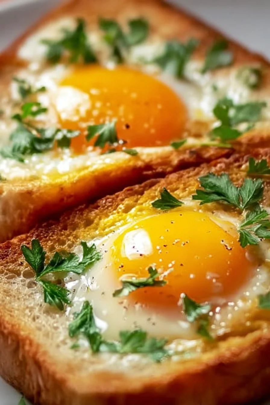Cheesy Egg Toast 4 Delicious cheesy egg toast topped with herbs on a plate