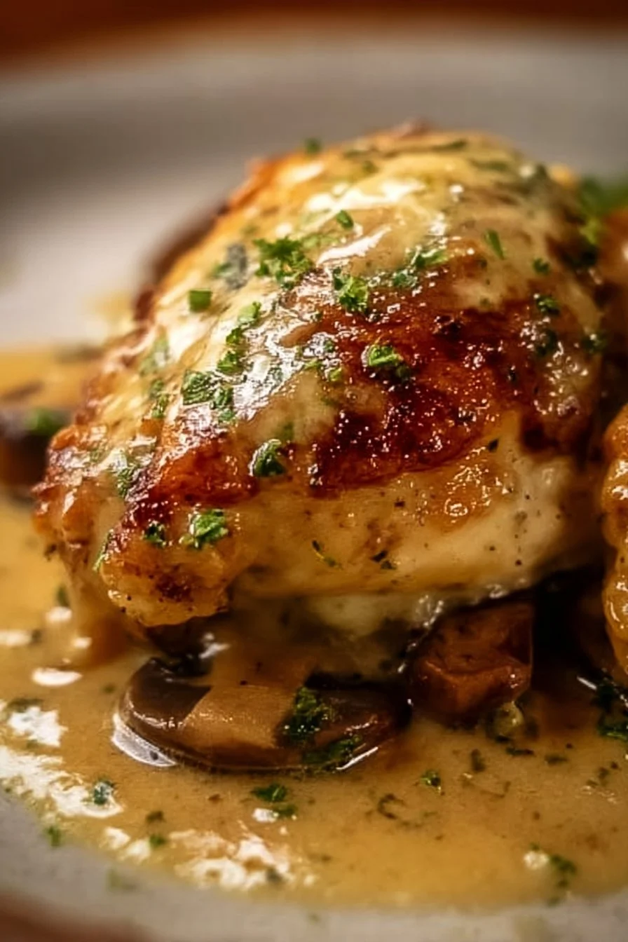 Cheesy Garlic Butter Mushroom Stuffed Chicken 4 Cheesy garlic butter mushroom stuffed chicken on a plate