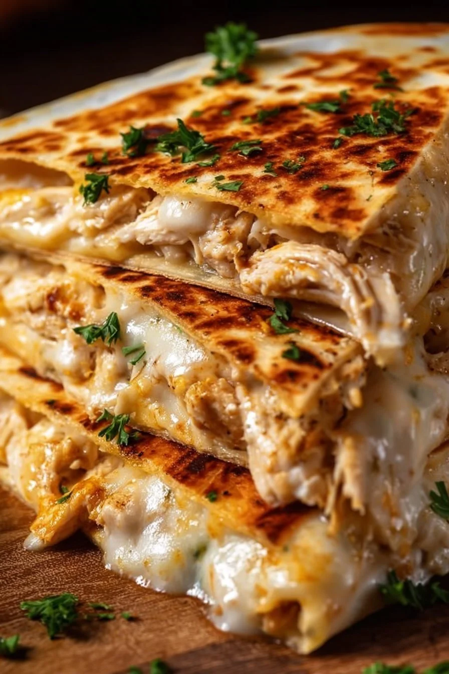 Cheesy garlic chicken wraps with fresh ingredients on a wooden plate