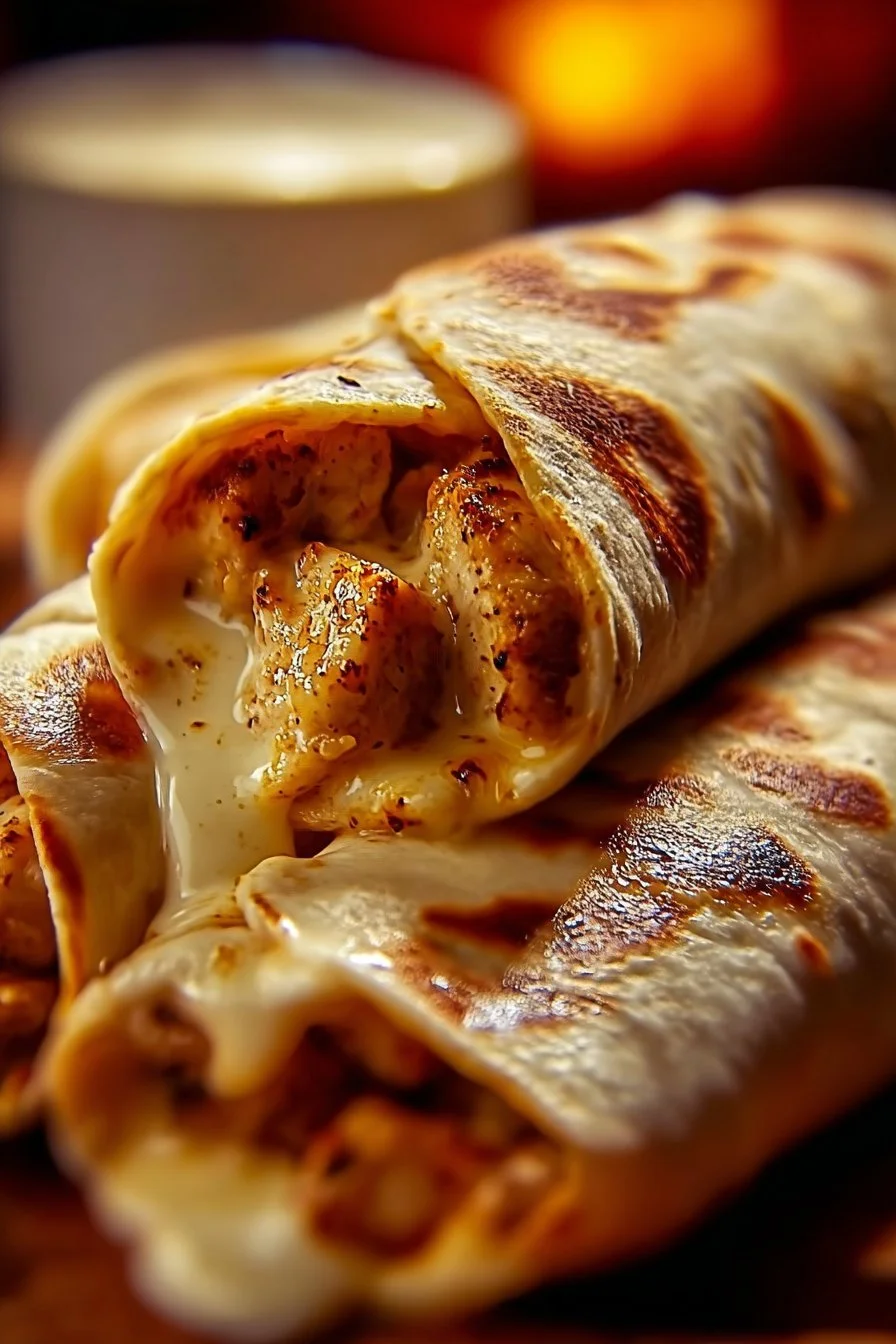 Cheesy garlic chicken wraps filled with melted cheese and garlic flavors