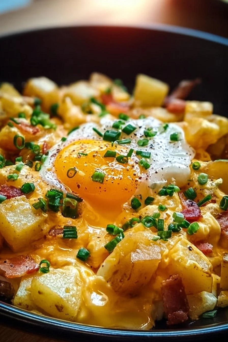 Delicious cheesy potato egg scramble served in a bowl