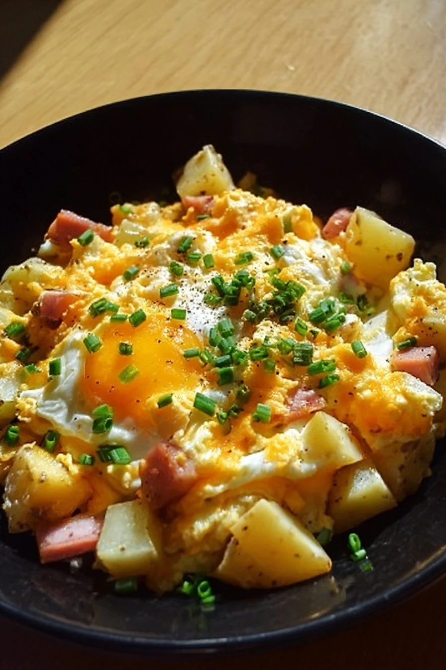 Cheesy potato egg scramble with herbs and cheese in a skillet