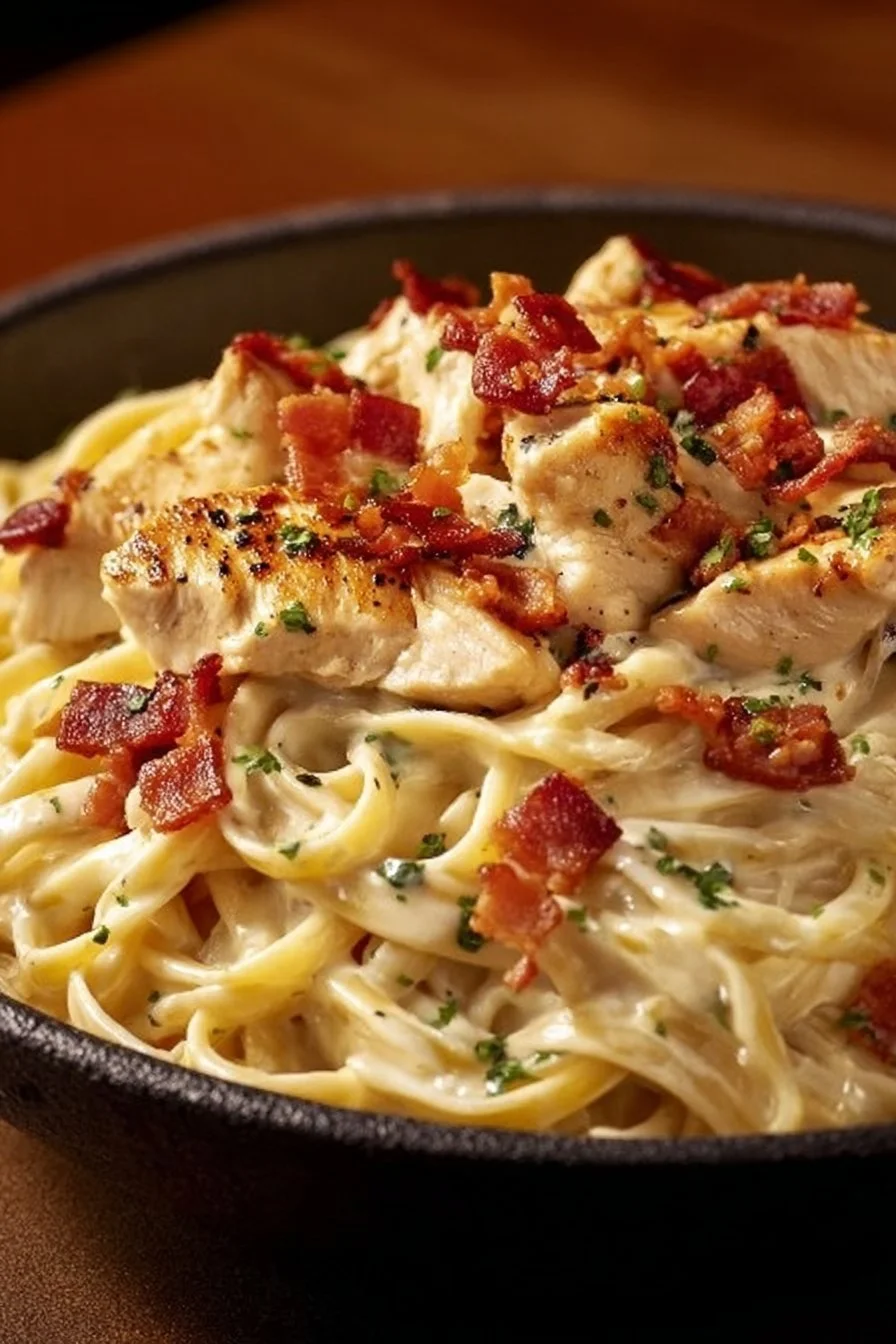 Chicken Bacon Ranch Pasta 4 Creamy Chicken Bacon Ranch Pasta served in a bowl with herbs on top