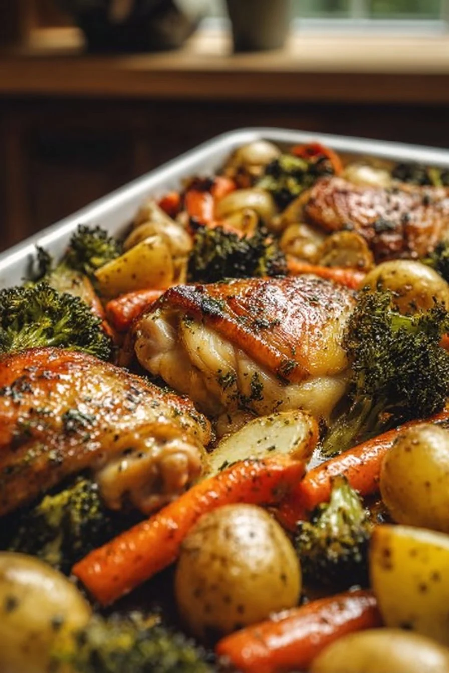Sheet pan dinner featuring juicy chicken breast and colorful vegetables