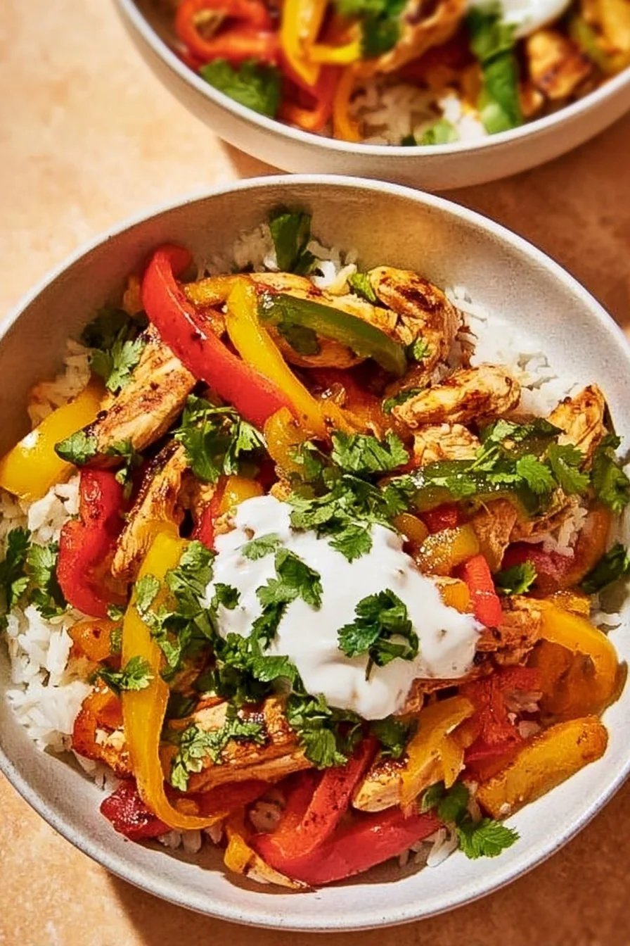 Delicious Chicken Fajita Rice Bowls with peppers and spices