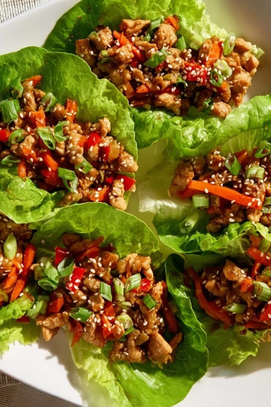 Chicken Lettuce Wraps 5 Delicious plate of Chicken Lettuce Wraps garnished with sauces and herbs.