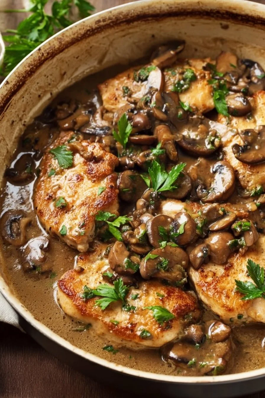 Plate of Chicken Marsala with mushrooms and herbs in a rich sauce