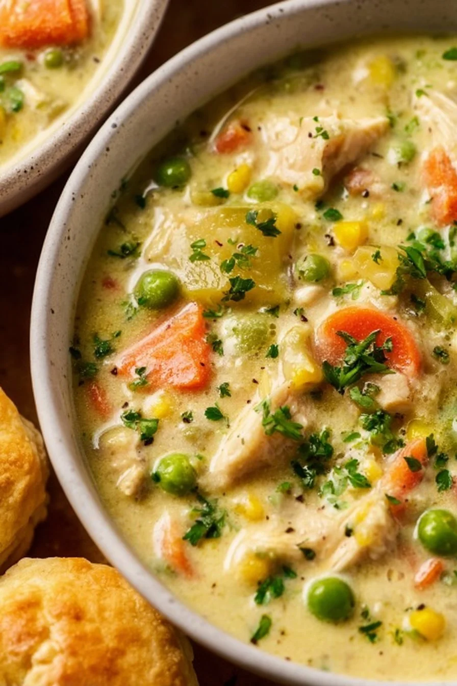 Delicious Chicken Pot Pie Soup served in a bowl with herbs and vegetables