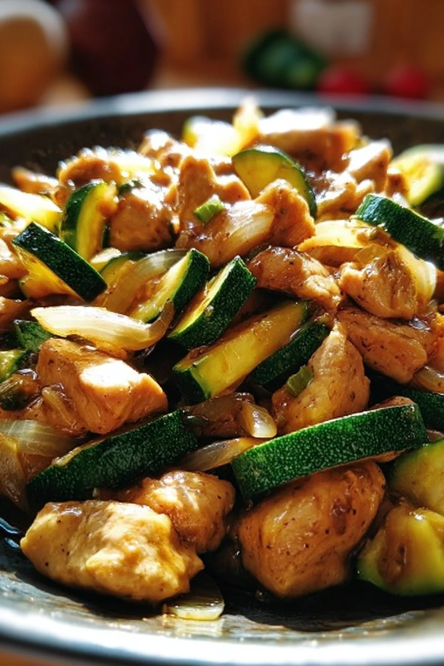 A delicious chicken zucchini stir fry featuring colorful veggies and tender chicken pieces