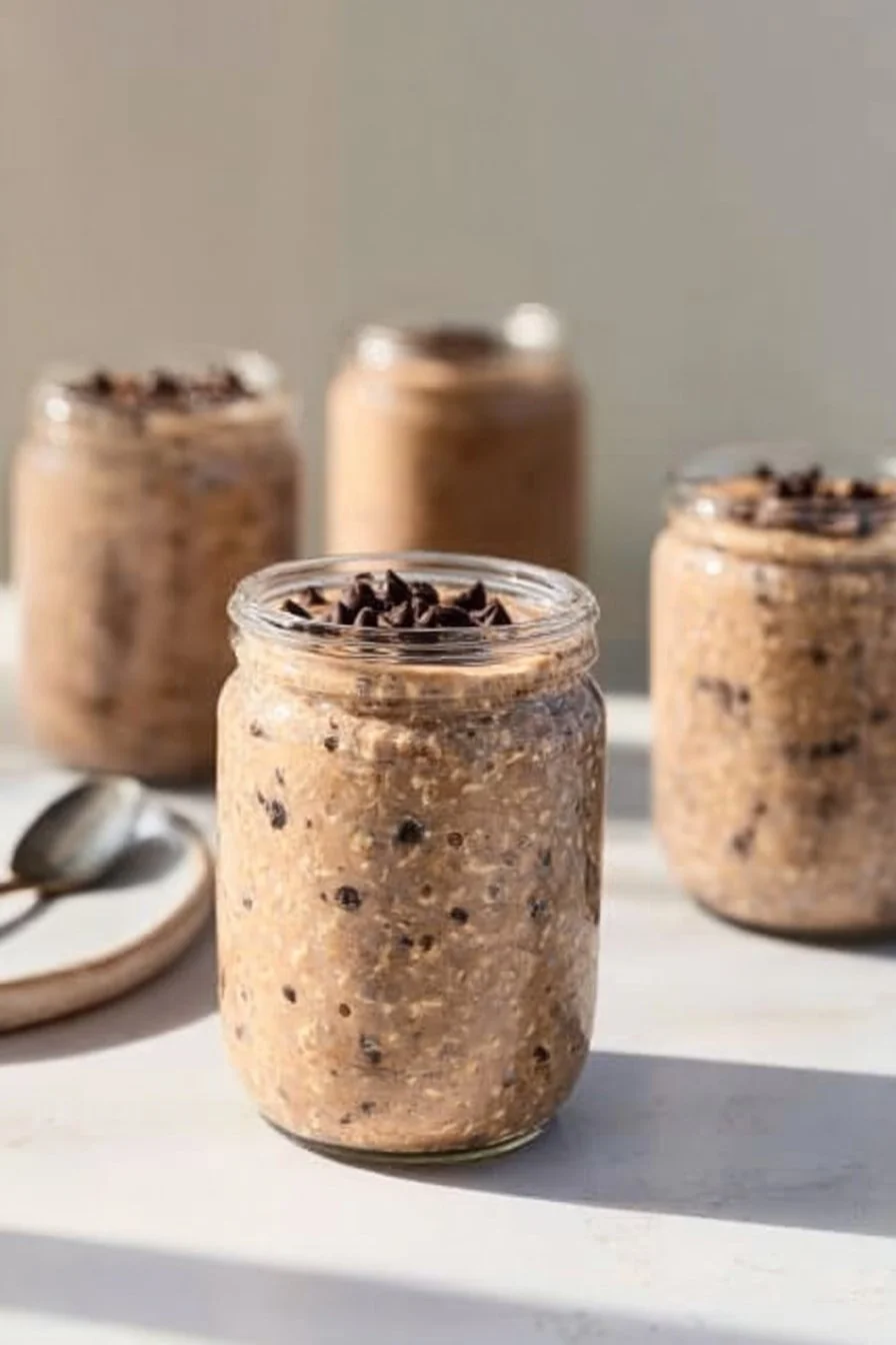 Bowl of chocolate protein overnight oats topped with fruits and nuts