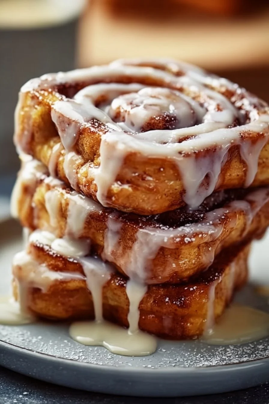 Delicious cinnamon roll French toast topped with cream cheese icing.
