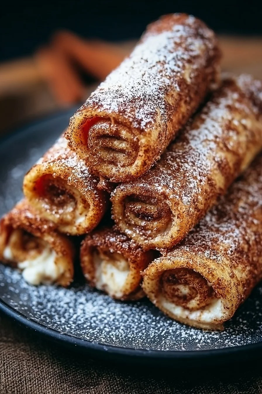 Cinnamon Roll French Toast Roll-Ups 4 Delicious Cinnamon Roll French Toast Roll-Ups served with syrup