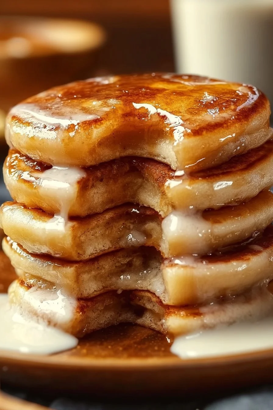 Delicious cinnamon roll pancakes topped with cream cheese icing