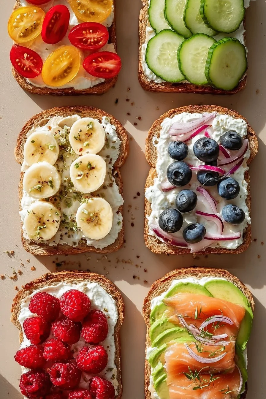 Delicious cottage cheese toast topped with fresh ingredients for breakfast