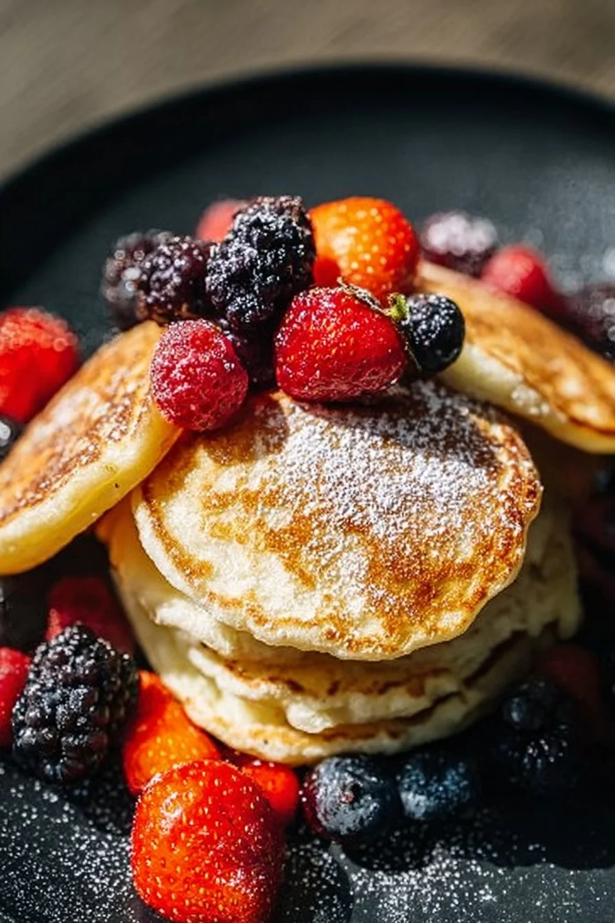 Fluffy cottage cheese pancakes stacked on a plate with syrup