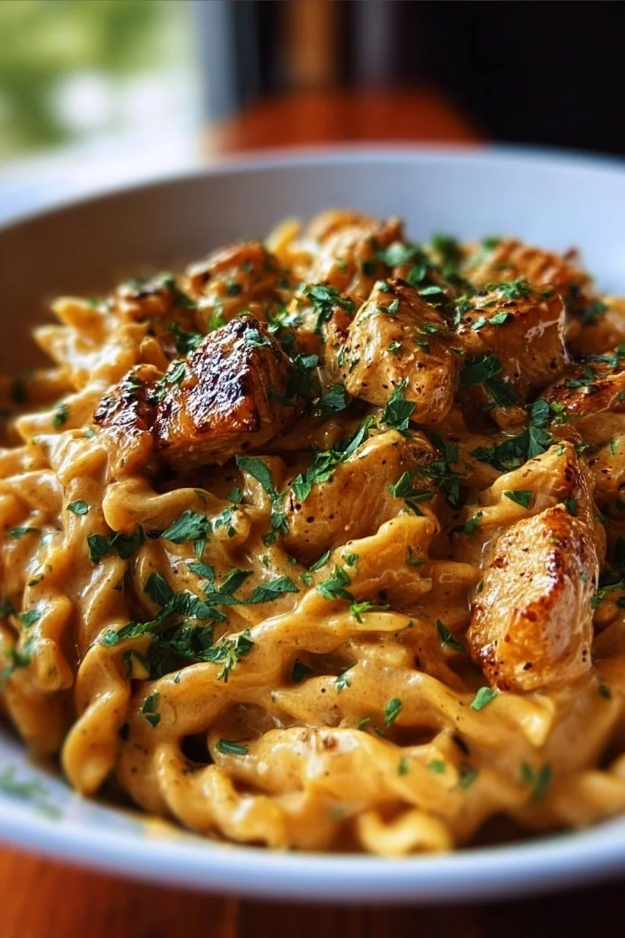 Cowboy Butter Chicken Pasta 4 Bowl of Cowboy Butter Chicken Pasta topped with herbs and spices