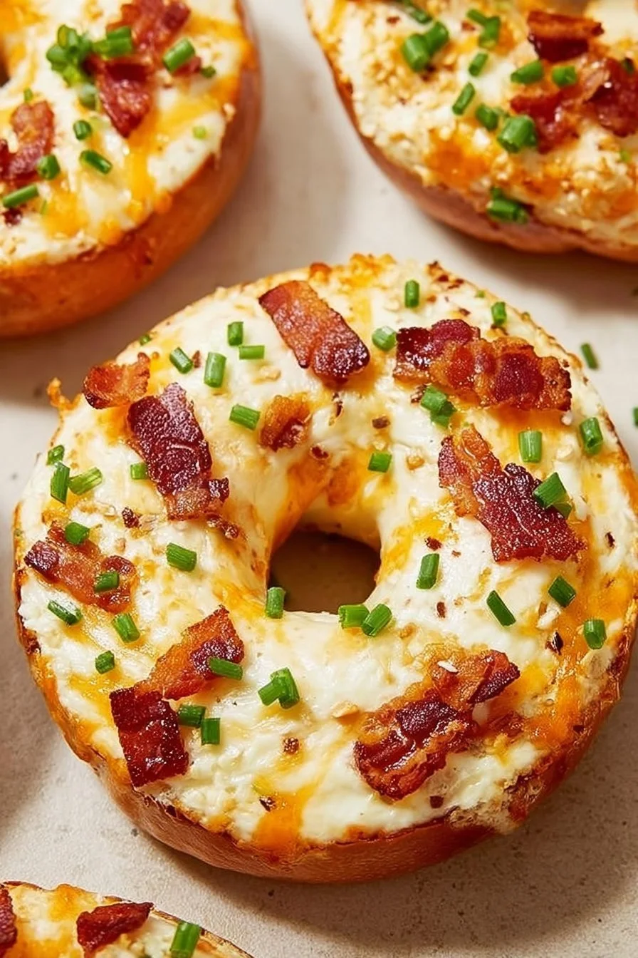 Creamy Bacon Cheddar Bagels 4 Creamy bacon cheddar bagel topped with crispy bacon and melted cheese