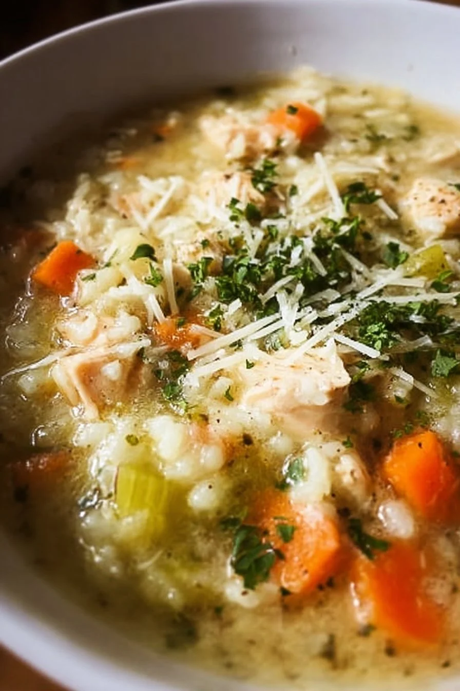 Bowl of creamy chicken rice soup with vegetables and herbs