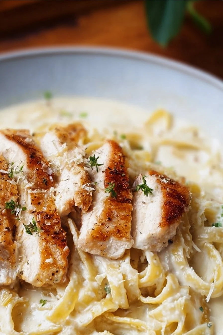 Creamy Chicken Fettuccine Alfredo 5 Creamy Chicken Fettuccine Alfredo served in a bowl with fresh herbs