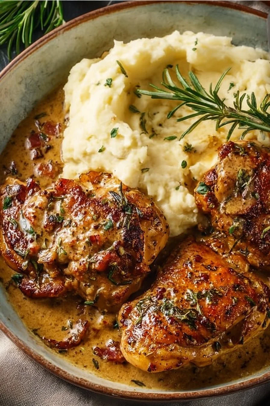 Plate of creamy garlic chicken garnished with herbs and served with vegetables