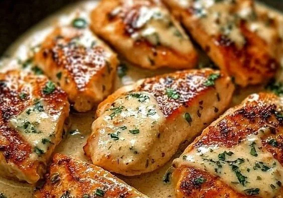 Delicious creamy garlic chicken skillet served in a frying pan