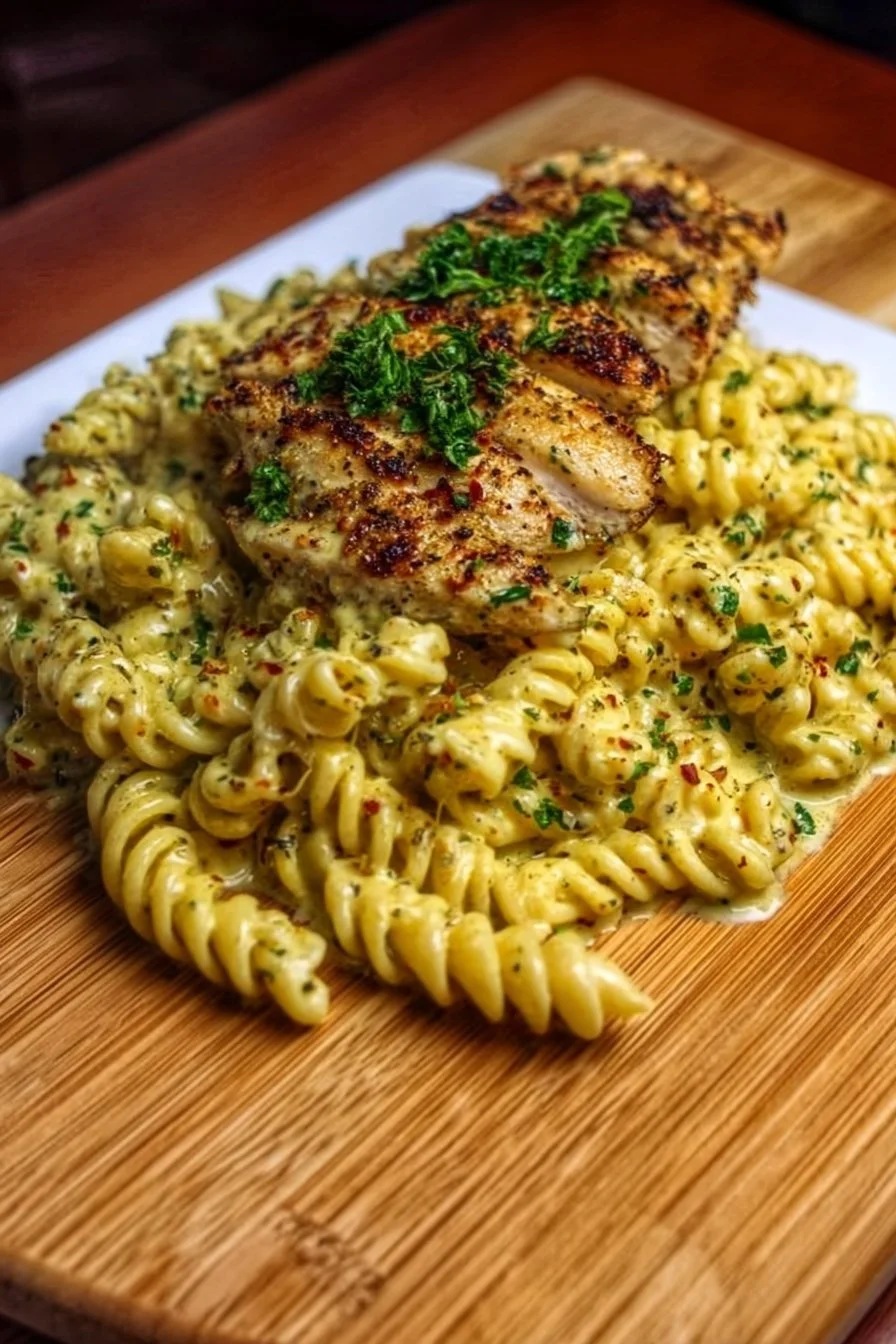 Creamy Garlic Parmesan Chicken Pasta 5 Creamy Garlic Parmesan Chicken Pasta served in a bowl with garnish
