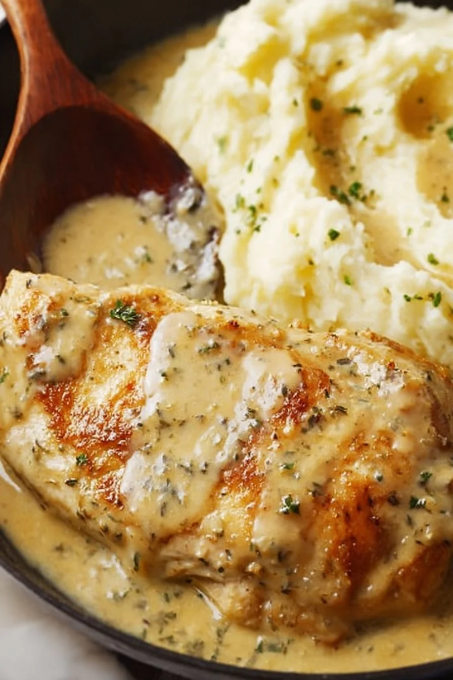 Creamy Herb Chicken 5 Creamy herb chicken dish garnished with fresh herbs on a plate