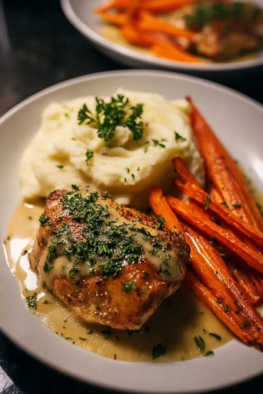 Plate of creamy herb chicken with mashed potatoes and glazed carrots