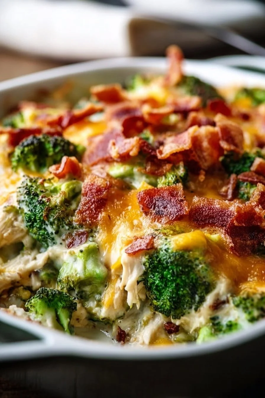 Creamy low carb chicken casserole with broccoli and bacon served in a dish