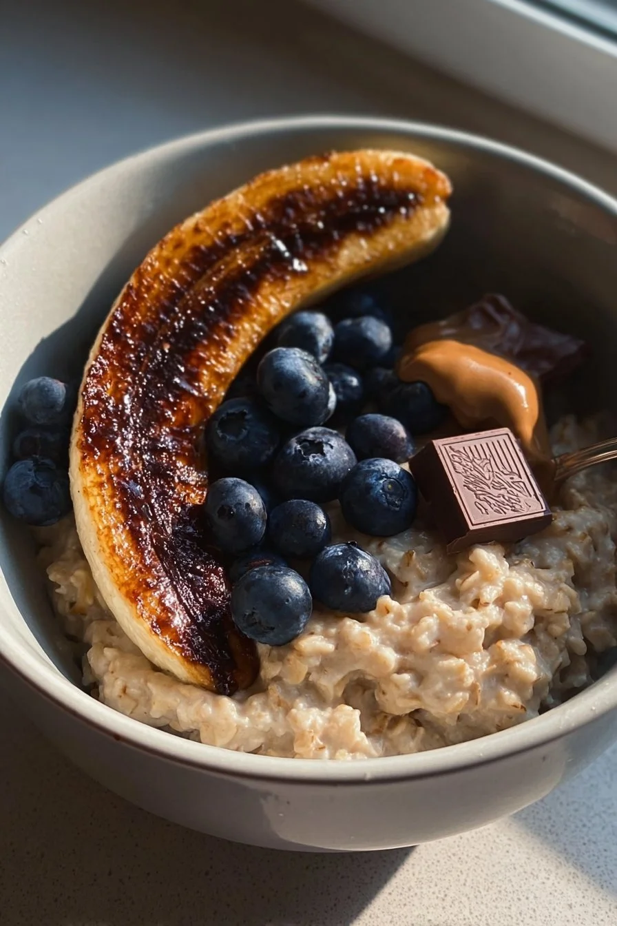 Creamy oatmeal breakfast bowl topped with fruits and nuts for a nutritious meal.