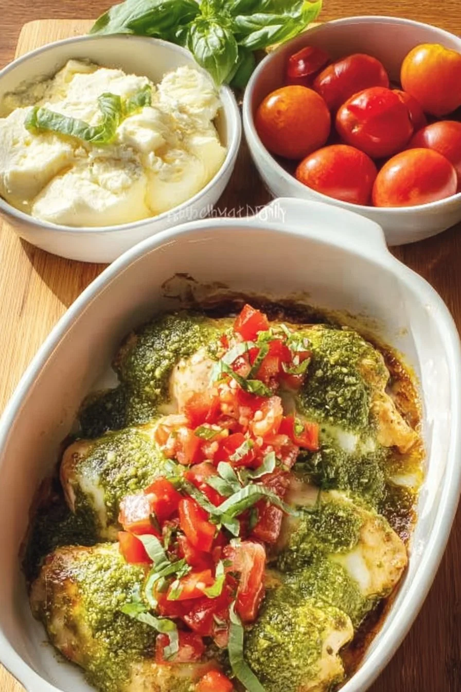 Delicious creamy pesto baked chicken garnished with fresh basil on a plate