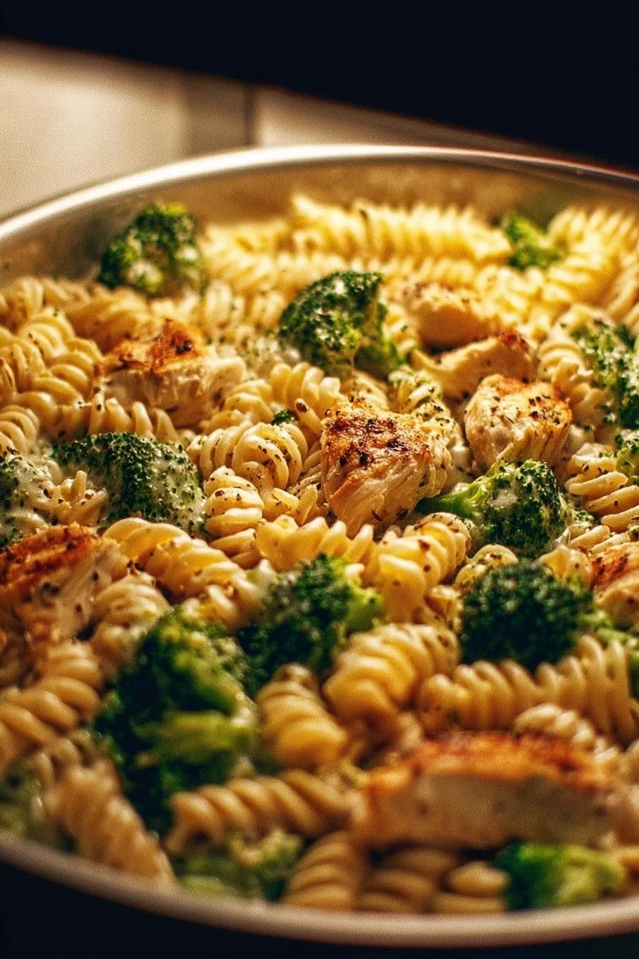 Creamy rotisserie chicken broccoli pasta with a rich sauce and fresh vegetables