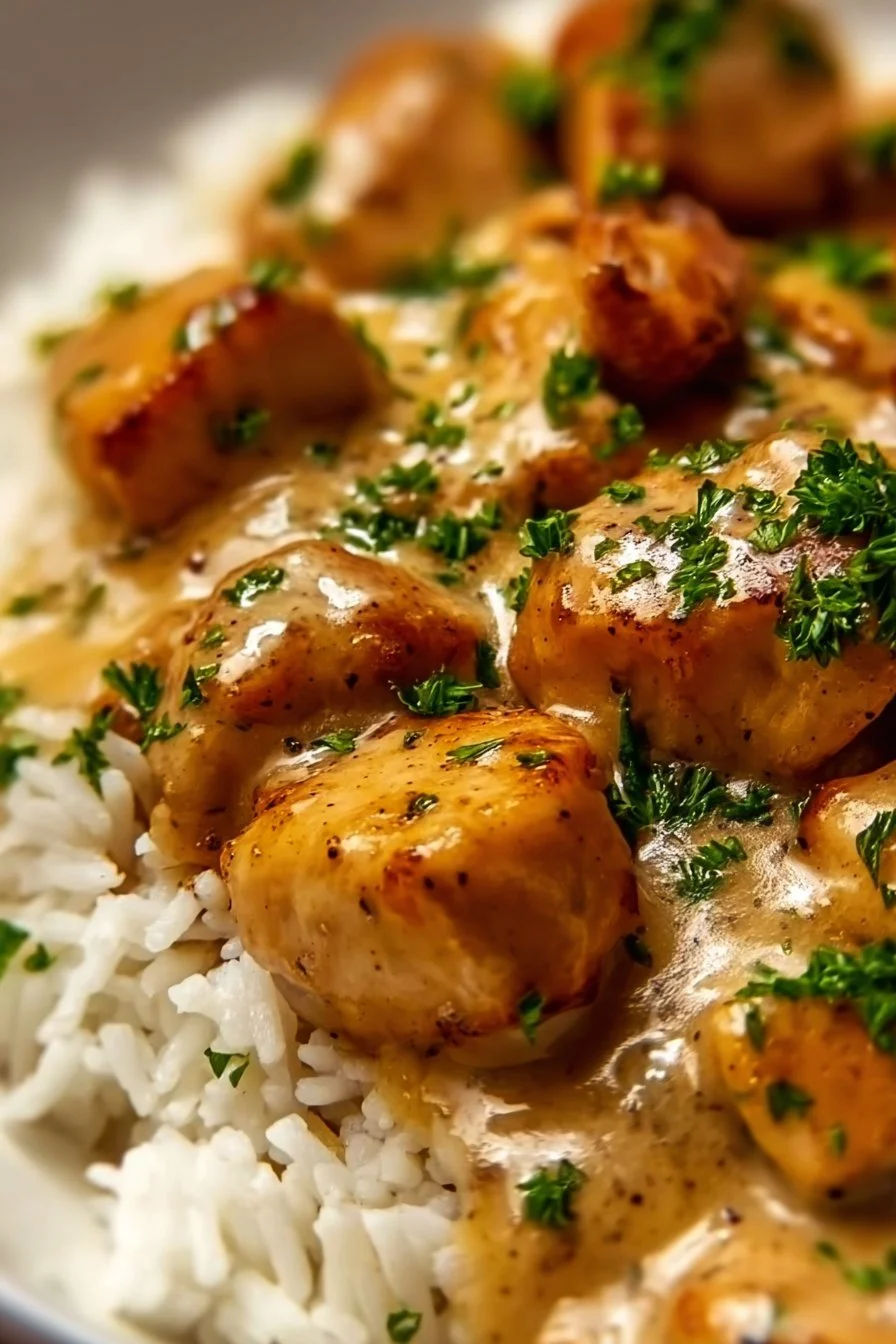 Creamy smothered chicken served with rice in a delicious sauce