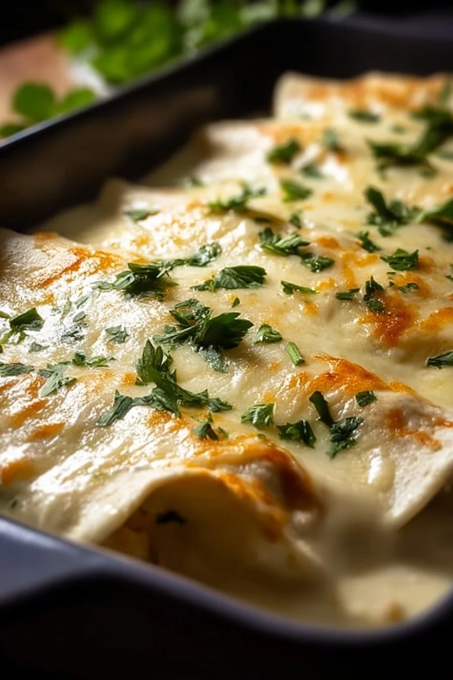 Creamy White Chicken Enchiladas 4 Delicious creamy white chicken enchiladas served on a plate