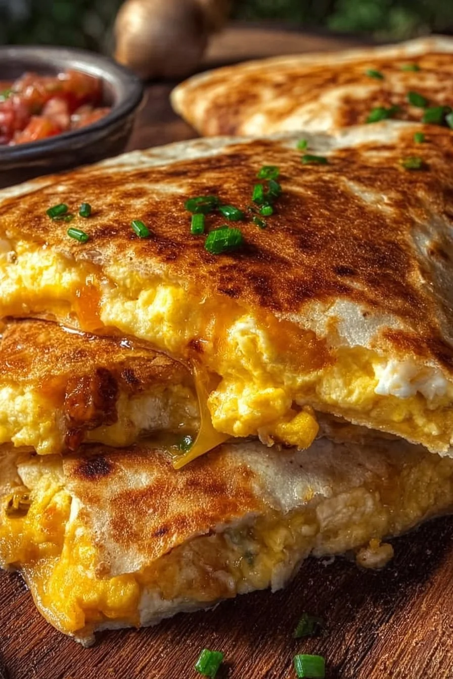 Delicious crispy breakfast quesadillas filled with eggs and cheese.