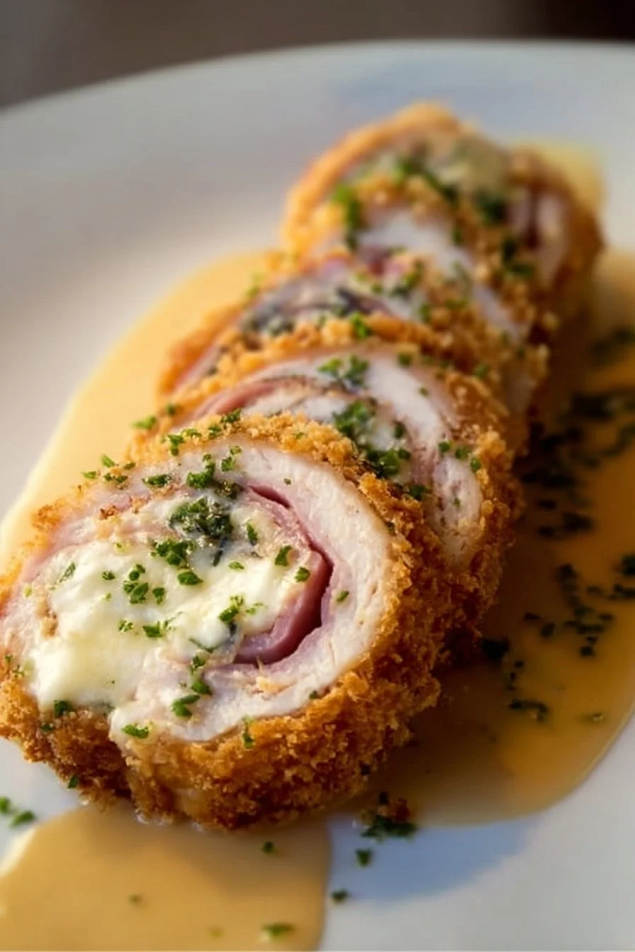 Crispy Creamy Chicken Cordon Bleu dish served with sides