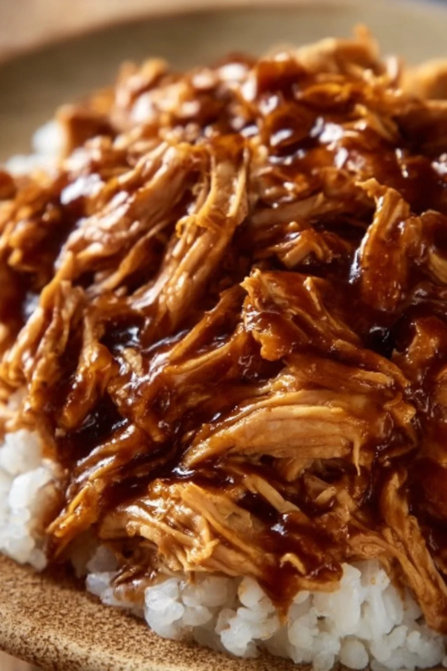 Delicious Crockpot Teriyaki Chicken served with rice and vegetables