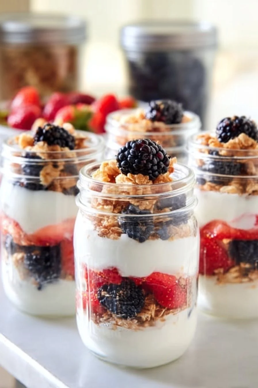 Delicious fruit and yogurt parfaits with layers of berries and granola