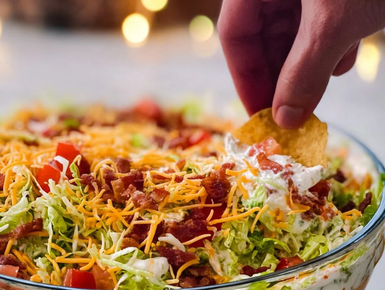 EASY BLT Dip 5 Delicious easy BLT Dip with bacon, lettuce, and tomato served in a bowl