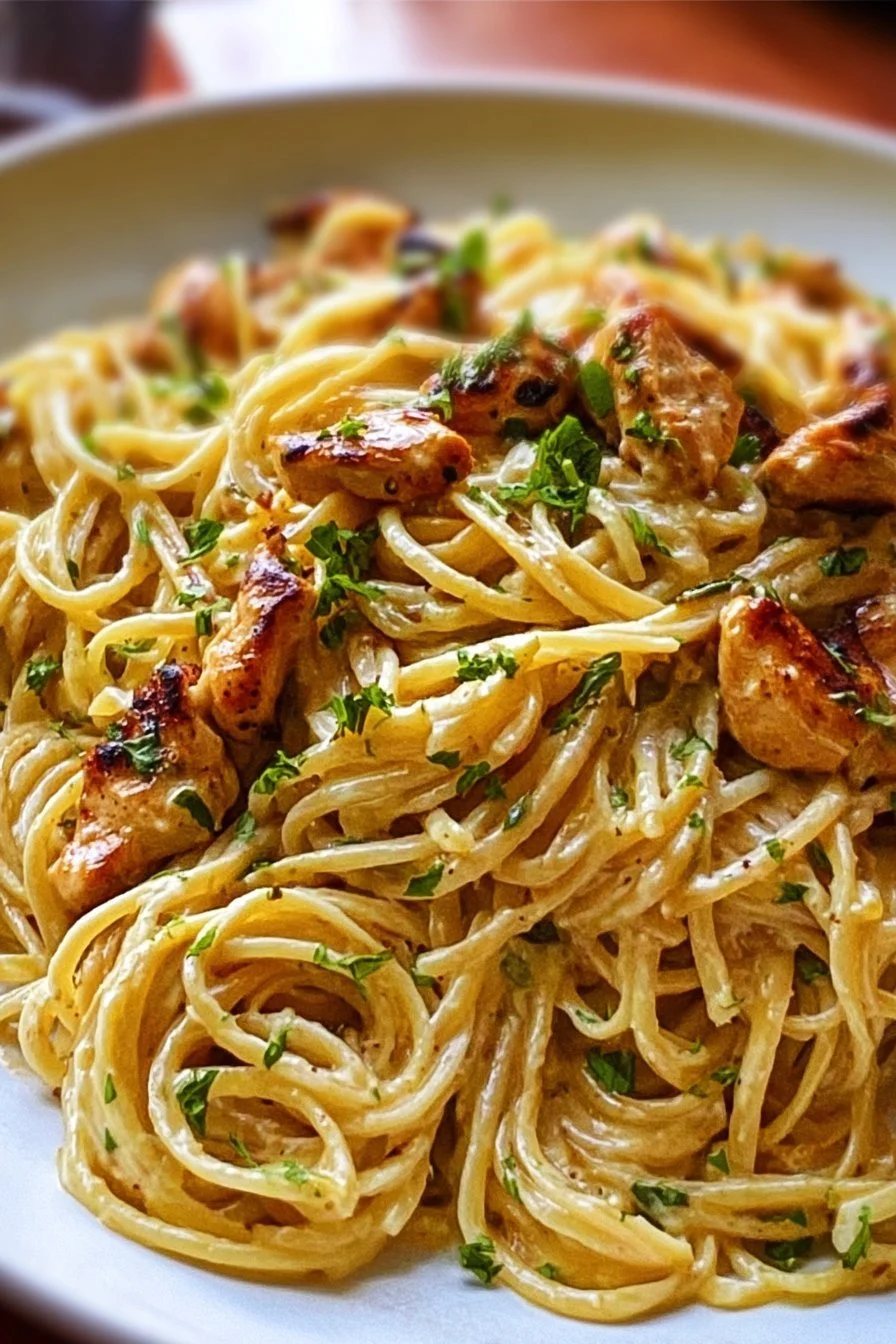 Easy Cowboy Butter Chicken Linguine 4 Plate of easy Cowboy Butter Chicken Linguine garnished with herbs