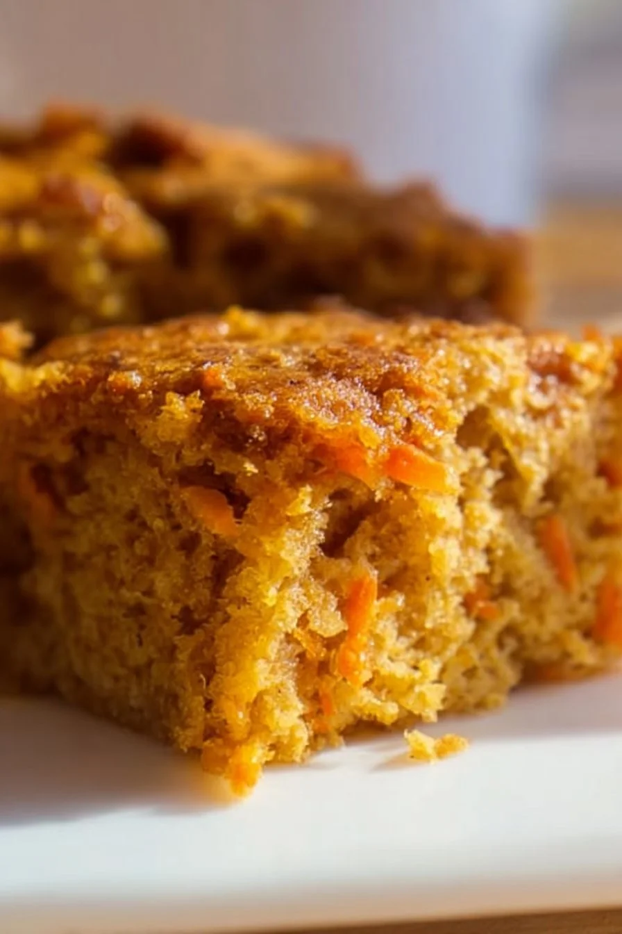 Slice of easy flourless oatmeal carrot cake topped with cream cheese frosting